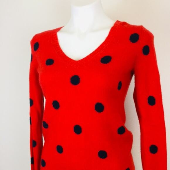 Gap V-neck Red Sweater Navy Blue Polka Dots Wool Blend Size XS - Picture 3 of 6